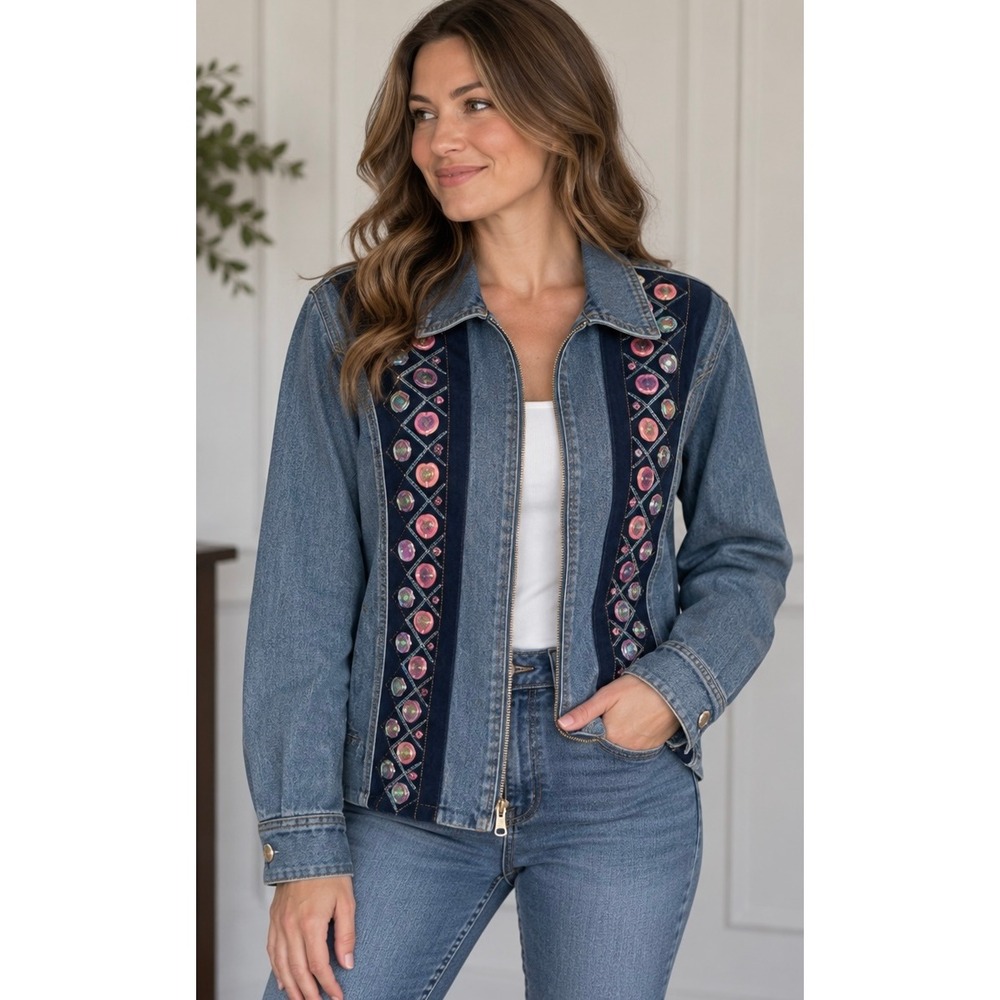 Vintage  80s Denim Jacket Embellished Mixed Media Blue Zip Up